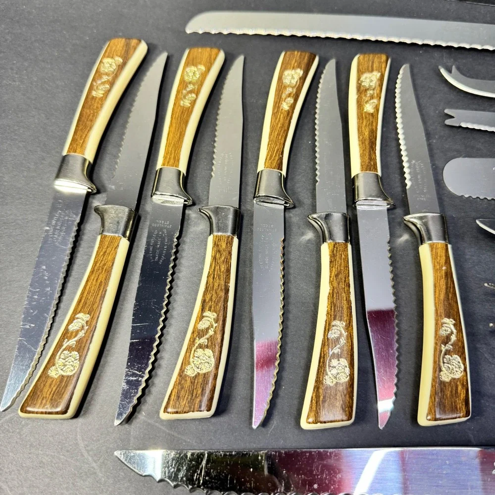 Lifetime Cutlery 15pc Knife‎ Set Regent Sheffield Gold Rose Stainless Steel VTG